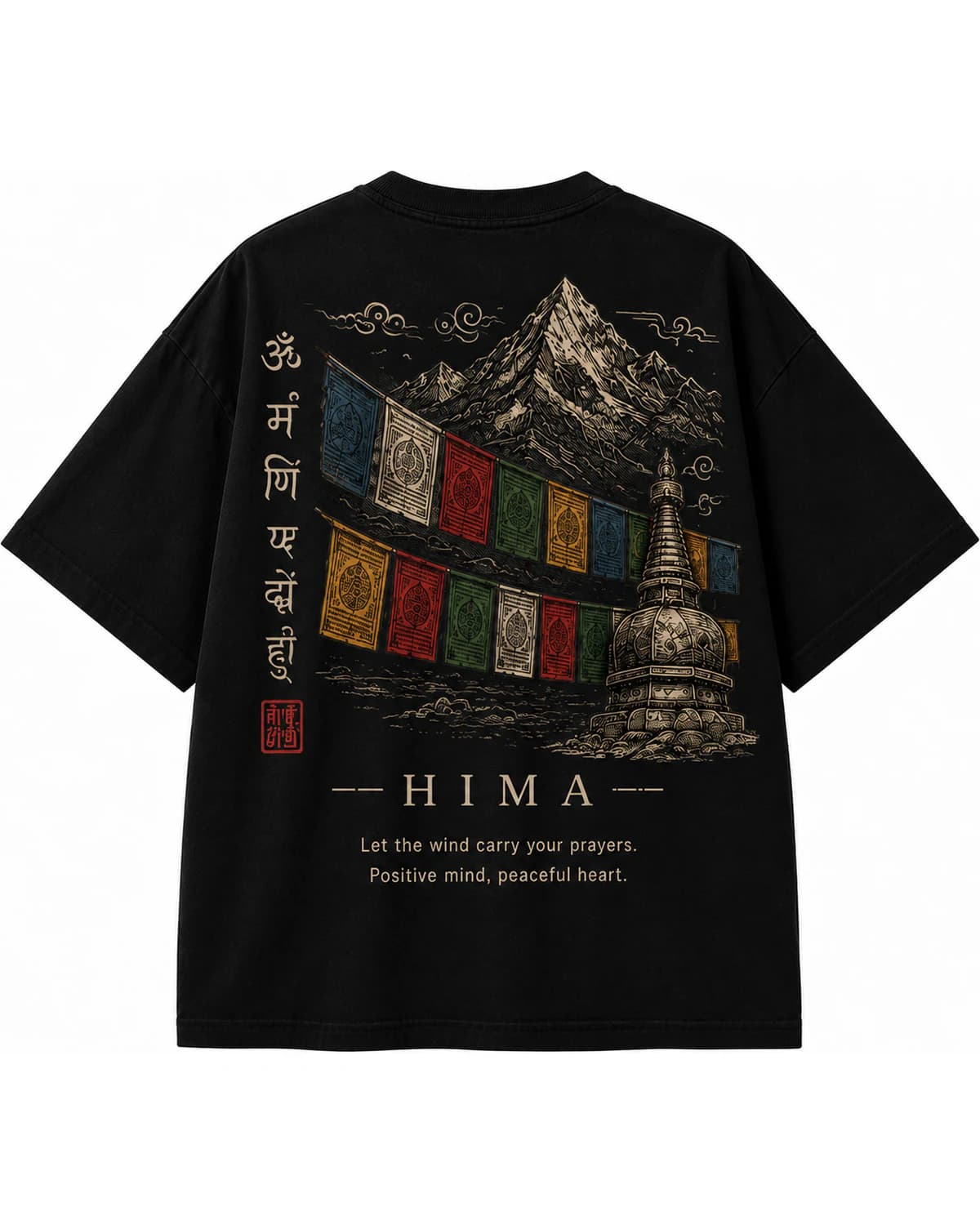 Back of the black Prayer Flag Tee with prayer flags, a stupa, and Himalayan peaks