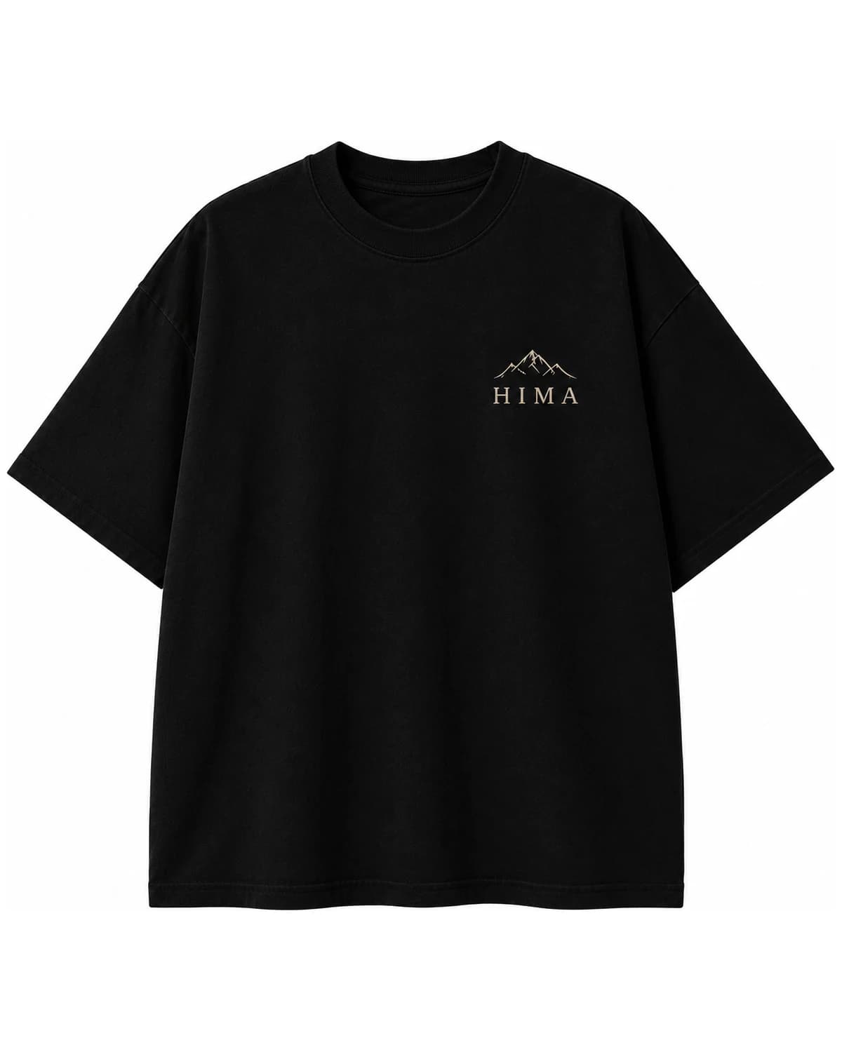 Front of the black Prayer Flag Tee with a small Hima mountain logo